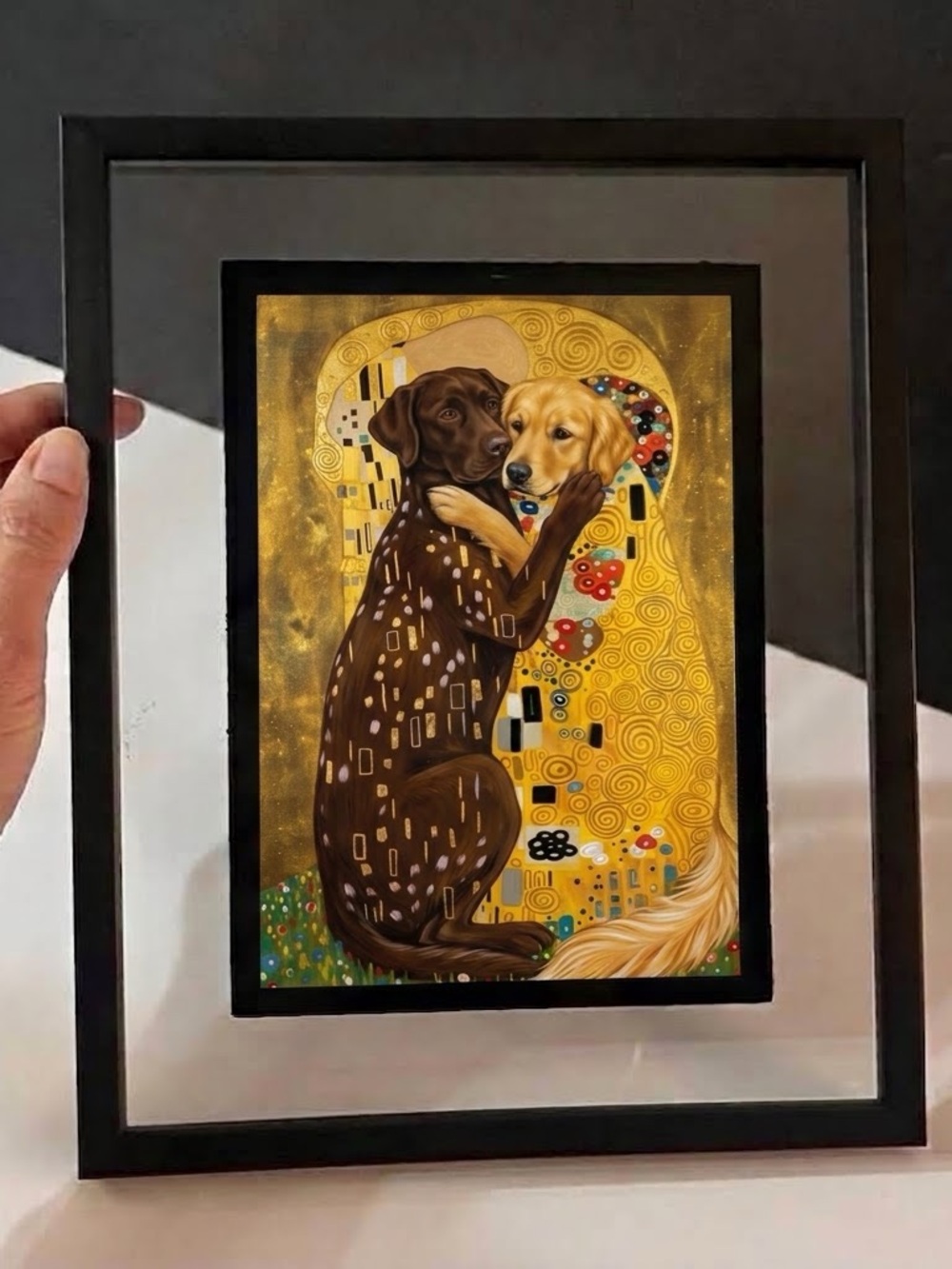 Framed Klimt-style dog print “The Kiss”  with chocolate Labrador and retriever